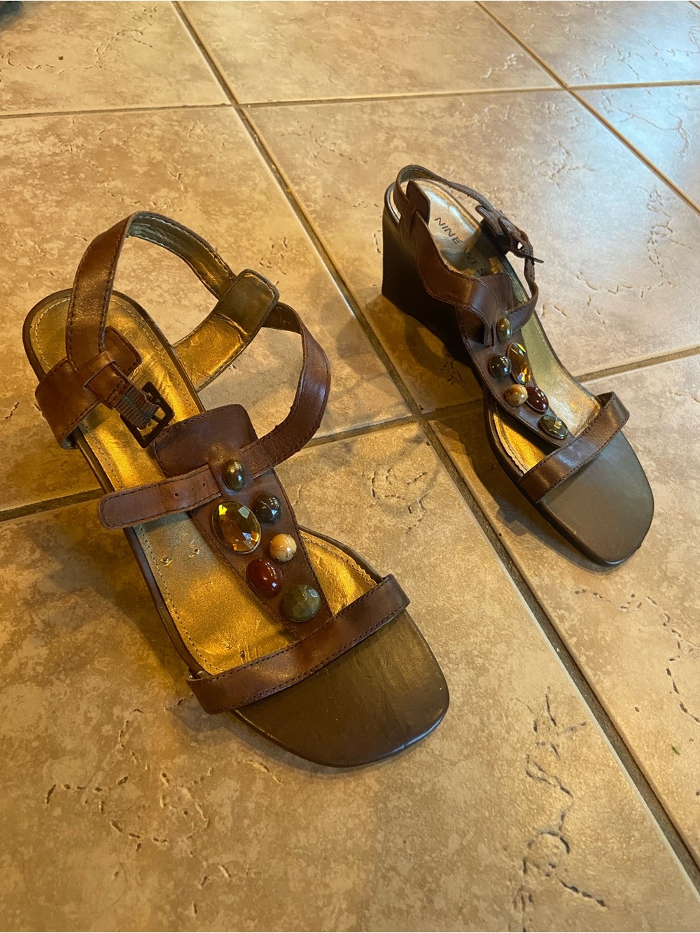 Nine West Brown Gem-Embellished Wedge Sandals